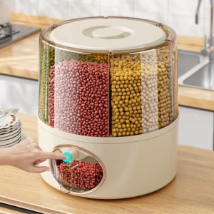 Home and Kitchen Clear Organization Plastic 6-Grid DryFood Storage Containers 360Rotating Rice Barrel Cereal GrainDispensers